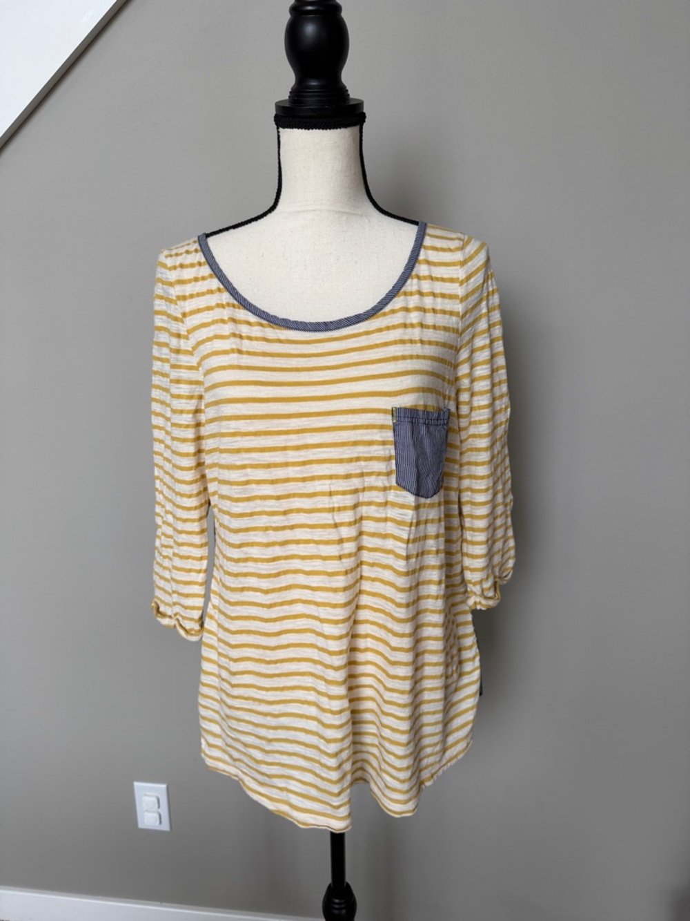 Striped Yellow and White Scoop Neck Women’s Top with Contrast Pocket